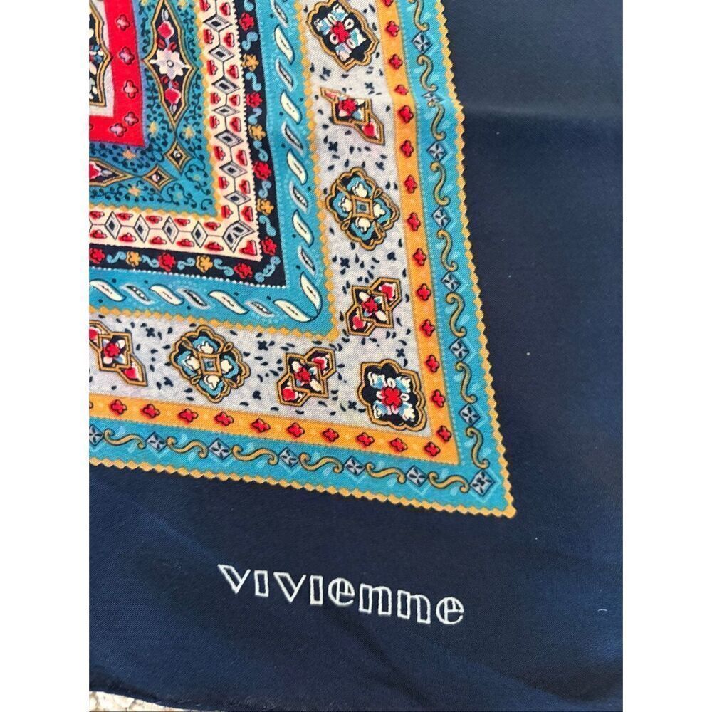 Vintage Vivienne Scenic Silk-Feel Scarf 34” x 34” Blue Cityscape Print Square - Picture 2 of 10